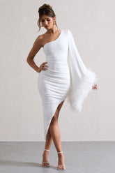 White Asymmetric One Shoulder Cape Midi Dress With Feathers